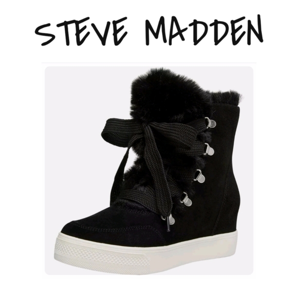Steve Madden Wharton Black Suede & Faux Fur Lace-Up Wedge Fashion Sneakers  7.5 - Picture 1 of 16